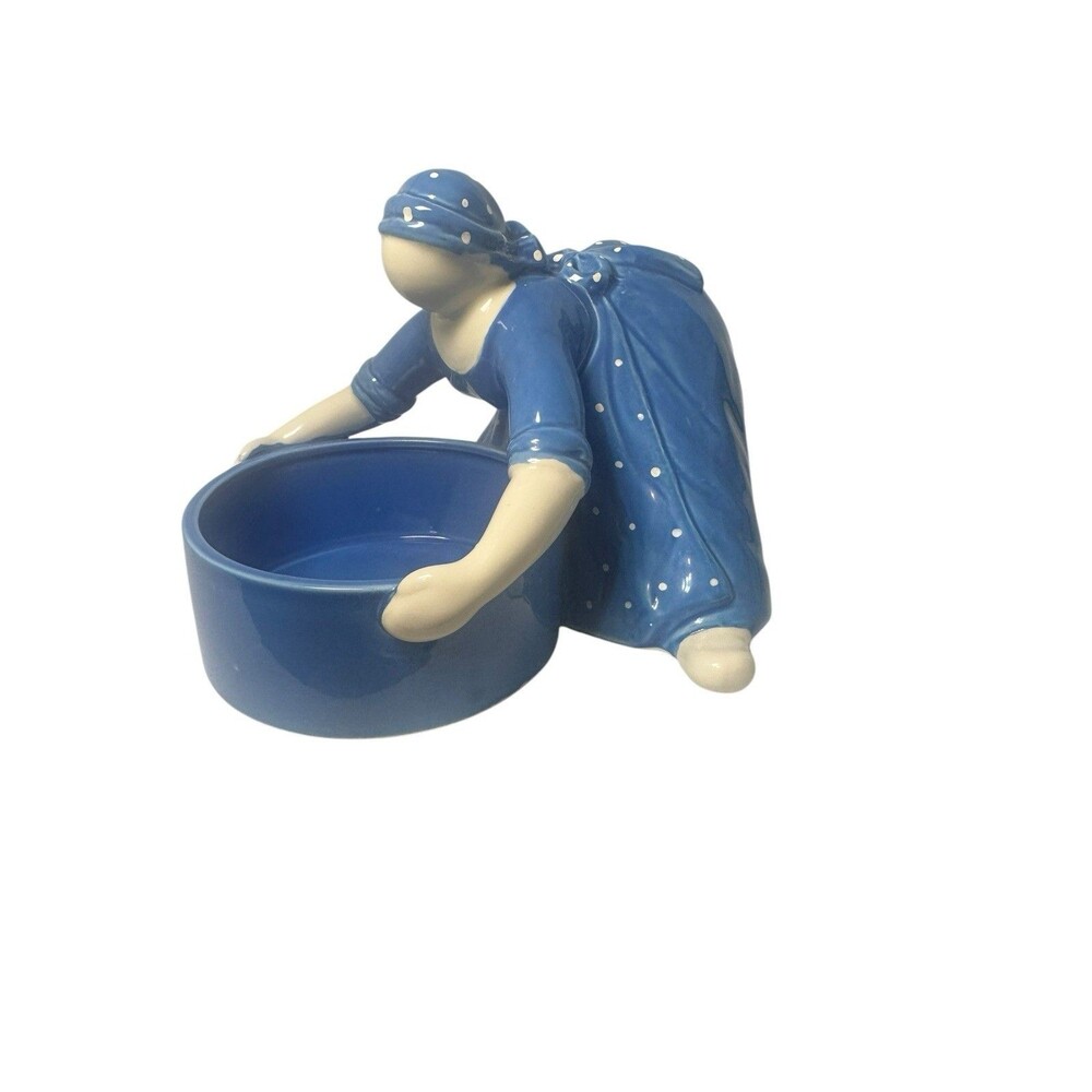 Vintage 1980 Dept 56 Peasant People Harvest Blue Polka Dot Serving Bowl Rare